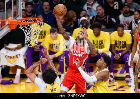 New Orleans Pelicans forward Brandon Ingram (C) seen in action against the Los Angeles Lakers during an NBA basketball game in Los Angeles. Stock Photo