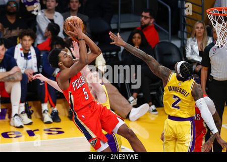 Los Angeles, United States. 15th Feb, 2023. New Orleans Pelicans forward Herbert Jones (L) shoots against Los Angeles Lakers forward Jarred Vanderbilt (R) during an NBA basketball game in Los Angeles. Credit: SOPA Images Limited/Alamy Live News Stock Photo