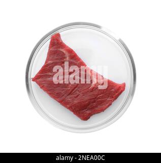 Petri dish with piece of raw cultured meat on white background, top view Stock Photo