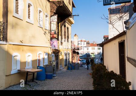 Odunpazari, Eskisehir, Turkey  01-21-2023: Traditional Turkish houses in Odunpazari. Colorful Odunpazari District houses view in Eskisehir City. Stock Photo