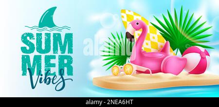 Summer vibes vector design. Summer vibes text in island with flamingo, beach ball and surfboard element. Vector illustration summer holidays design. Stock Vector