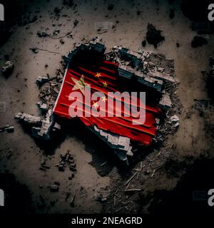 Epicenter of the earthquake in China with China flag background. Destroyed old buildings in the city center after a strong powerful earthquake top Stock Photo