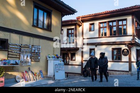 Odunpazari, Eskisehir, Turkey  01-21-2023: Traditional Turkish houses in Odunpazari. Colorful Odunpazari District houses view in Eskisehir City. Stock Photo