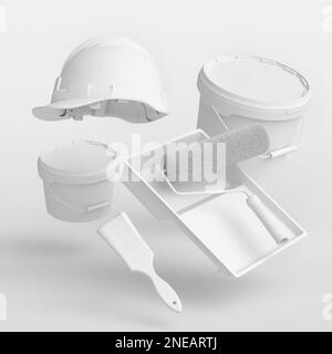 Set of flying safety helmet, bucket, tray with paint rollers and brushes for painting walls on monochrome background. 3d render of renovation apartmen Stock Photo