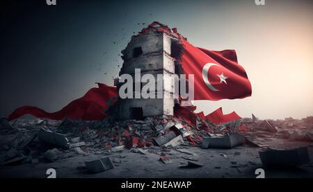 Epicenter of the earthquake in Turkey with Turkish flag background. Destroyed old buildings in the city center after a strong powerful earthquake Stock Photo