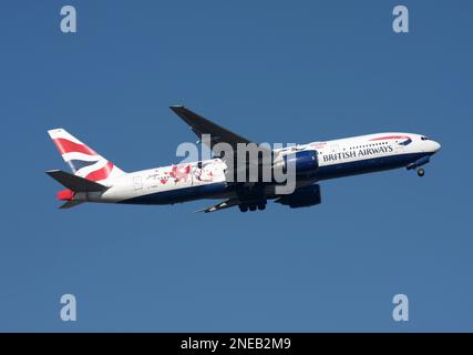 A Boeing 777-200 of British Airways in a Great Festival of Creativity in Shanghai livery departs London Gatwick Airport Stock Photo