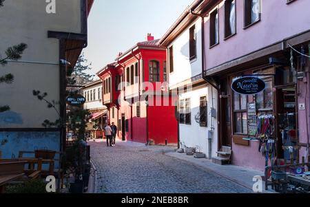 Odunpazari, Eskisehir, Turkey  01-21-2023: Traditional Turkish houses in Odunpazari. Colorful Odunpazari District houses view in Eskisehir City. Stock Photo