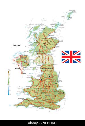 Physical and political map of United Kingdom. [Adobe Illustrator (.ai); 2480x3507]. Stock Photo