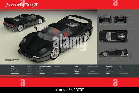 Infographic about the technical features and dimensions of the sports car Ferrari F50 GT, 1996 model. [Adobe Illustrator (.ai); 5196x3248]. Stock Photo