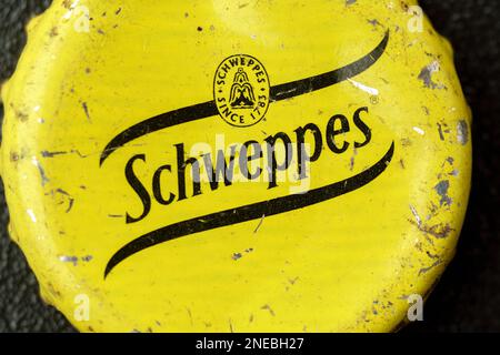 Tyumen, Russia-February 15, 2023: Old schweppes lid. Schweppes is a brand of soft drinks founded by Jacob Schweppe in 1783 Stock Photo