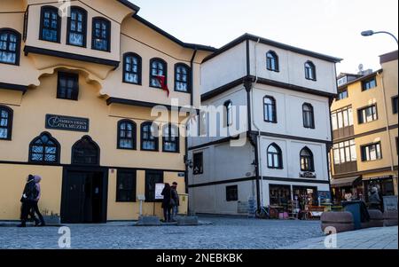 Odunpazari, Eskisehir, Turkey  01-21-2023: Traditional Turkish houses in Odunpazari. Colorful Odunpazari District houses view in Eskisehir City. Stock Photo