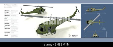 Infographic of the military helicopter Bell UH-1 Huey, of the US air force, that started operating in 1959. [Adobe Illustrator (.ai); 6496x2421]. Stock Photo