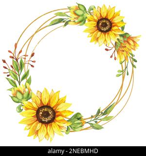 Sunflower wreath, golden round frame of yellow flowers, hand painted ...