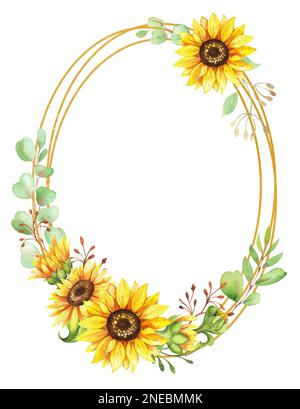 Sunflower wreath, golden round frame of yellow flowers, hand painted ...