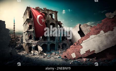 Epicenter of the earthquake in Turkey with Turkish flag background. Destroyed old buildings in the city center after a strong powerful earthquake Stock Photo
