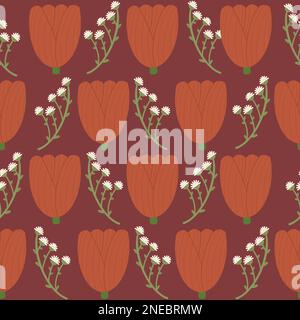 Red tulip seamless pattern with isolated hand drawn red and white flowers. Cute allover print Stock Photo