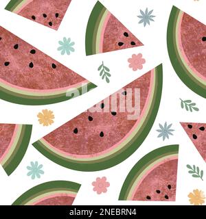 Watermelon slices seamless pattern. Fresh juicy fruit allover print with flowers on white background Stock Photo