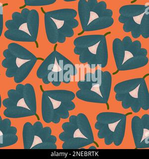 Contrast floral seamless pattern. Raster allover illustration with big hand drawn textured blue flowers on orange background Stock Photo