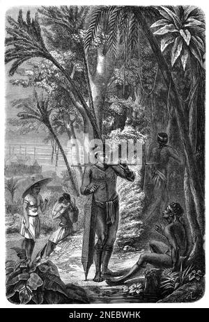 Dayaks in Tribal Dress including Male Hunter or Hunters, Women & Children in the Rain Forest Borner. Vintage Engravin or Illustraton 1862 Stock Photo