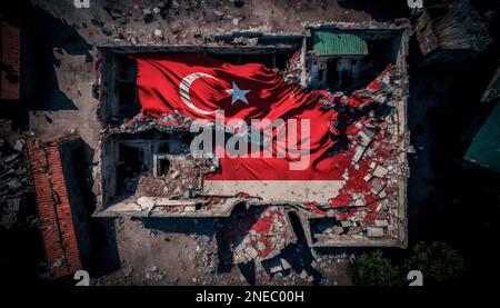 Epicenter of the earthquake in Turkey with Turkish flag background. Destroyed old buildings in the city center after a strong powerful earthquake top Stock Photo