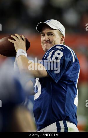 Indianapolis Colts quarterback Peyton Manning (18) is seen during the first  half of the NFL Super Bowl XLIV football game against the New Orleans  Saints in Miami, Sunday, Feb. 7, 2010. (AP