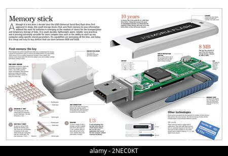 Infographic about the pen drive, a portable memory that stores information and allows it to be carried around. [QuarkXPress (.qxp); Adobe InDesign (.indd); QuarkXPress (.qxd); 6259x4015]. Stock Photo
