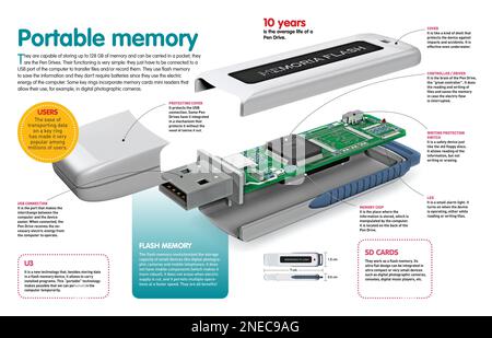 Infographic about the portable information storage system or Pen Drive. [Adobe InDesign (.indd); 4960x3188]. Stock Photo