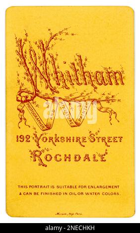 Reverse of original Victorian era CDV (carte de visite or visiting card)  From the studio of (Adam) Whitham 192 Yorkshire Street Rochdale, England, U.K. circa 1875. Stock Photo