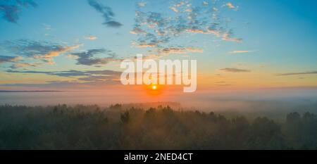 Picturesque panorama of summer dawn with fog over tops of trees with sun in sky and clouds Stock Photo