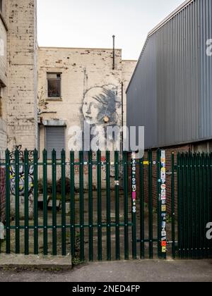 Banksy alleyway graffiti mural, The Girl with the Pierced Eardrum (inspired by Vermeer's painting) protected by a metal security fence. Bristol. UK Stock Photo