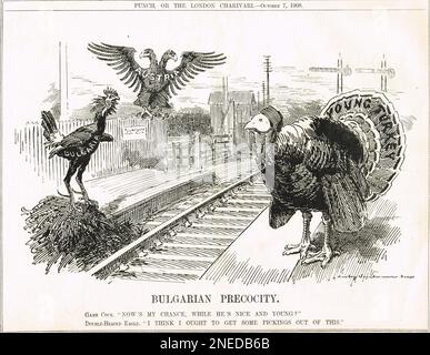 Austria and Bulgaria eyeing up a young Turkey following the Young Turk Revolution of 1908 amid the disintegration of the Ottoman empire. Punch cartoon by Edward Linley Sambourne of 1908 Stock Photo