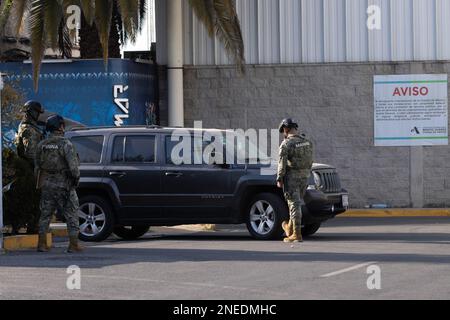 February 15, 2023. Mexico City, Mexico. Military guard the facilities of the Aeromar airline after announced the cessation of operations at Mexico City International Airport due to financial problems amounting to more than 500 million pesos. More than 30 domestic and foreign routes will leave thousands of users without service. On February 15, 2023 in Mexico City. (Credit Image: © Alex Dalton/eyepix via ZUMA Press Wire) EDITORIAL USAGE ONLY! Not for Commercial USAGE! Stock Photo