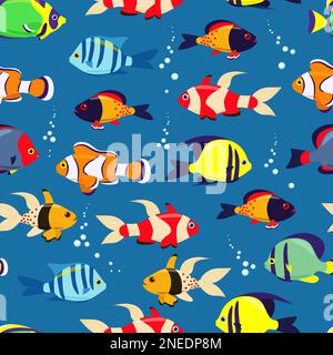 Exotic sea fish seamless pattern. Sea fish in flat style. Vector illustration Stock Vector