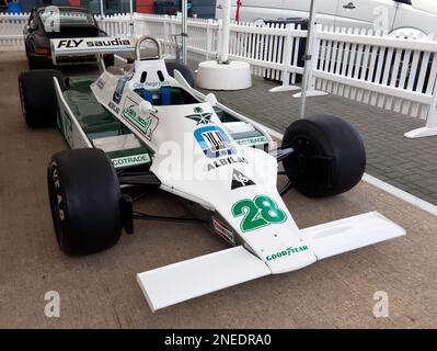 Three-quarters front view of Clay Regazzoni's, 1979, Williams FW07 Formula One Car, from 1979, on display, at the 2022 Silverstone Classic Stock Photo