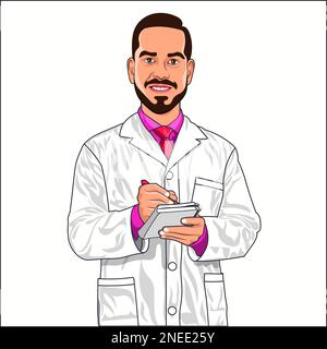 Professional male pharmacist doctor wearing white coat and pink shirt tie. man pharmacy doctor holding clipboard and writing on notebook Stock Photo