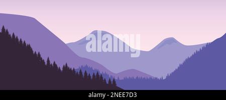 Vector illustration of a beautiful panoramic view. Mountains in fog with forest. Vector nature landscape with silhouettes of mountains and forest Stock Vector