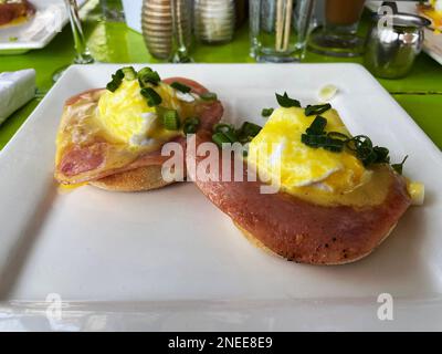 Close-up of a plate of eggs benedict Stock Photo