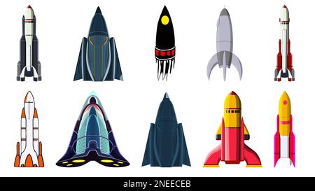 Set of cartoon space rockets isolated on white. Vector clipart. Stock Photo