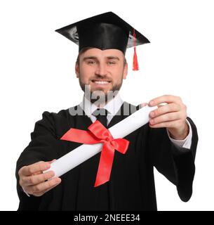 Happy student with diploma on white background Stock Photo - Alamy