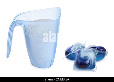 Blue plastic washing powder measuring cup isolated on white Stock Photo -  Alamy