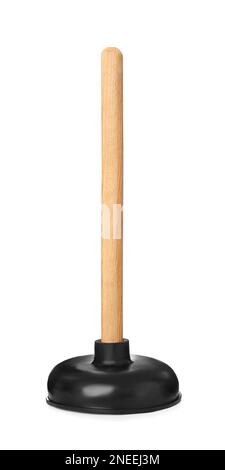 Plunger with wooden handle isolated on white. Toilet cleaning tool Stock Photo