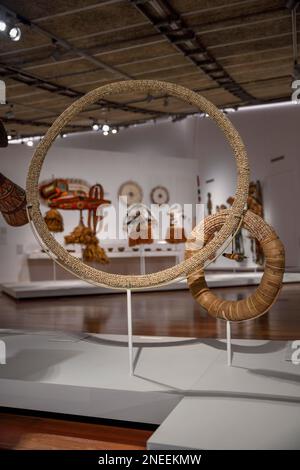 Shell money hoops in the National Museum, made by the Tolai tribe from the houses of the Nassa snail (Nassarius arcularius), Port Moresby, Papua New Stock Photo