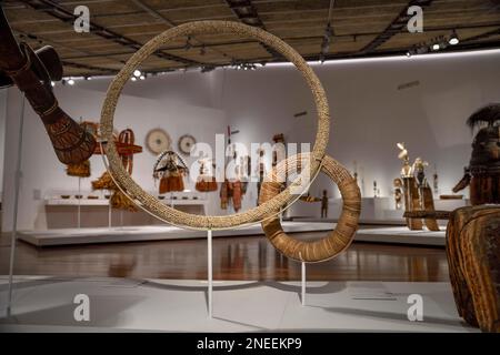 Shell money hoops in the National Museum, made by the Tolai tribe from the houses of the Nassa snail (Nassarius arcularius), Port Moresby, Papua New Stock Photo