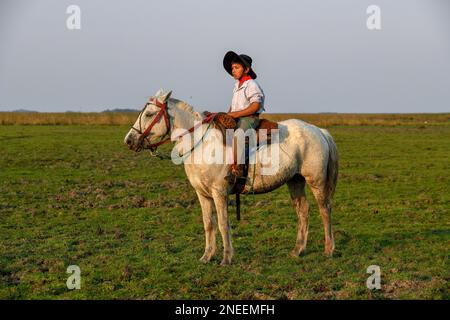 Young Gaucho on his horse at Puesto Mingo, Esteros del Ibera, near Concepcion del Yaguarete Cora, Corrientes Province, Argentina Stock Photo