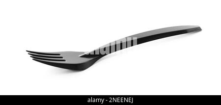 Black disposable plastic fork isolated on white Stock Photo