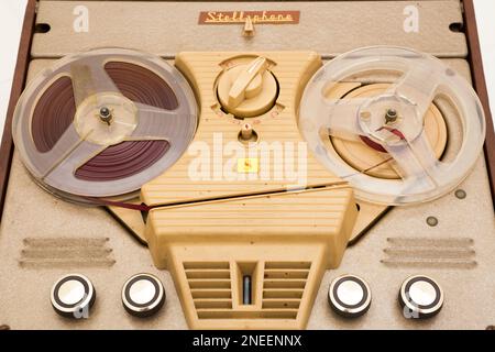 Stellaphone brand reel to reel recorder fitted with Synchrotape high  fidelity audio tape typical of 1950s and 1960s equipment. UK studio. (133  Stock Photo - Alamy