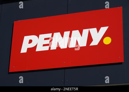 Hannover, Germany - March 17, 2020: Penny logo sign at local branch of german supermarket chain Stock Photo