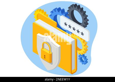 Isometric Network security, Database secure and personal data protection. Cybersecurity malware security program Stock Vector