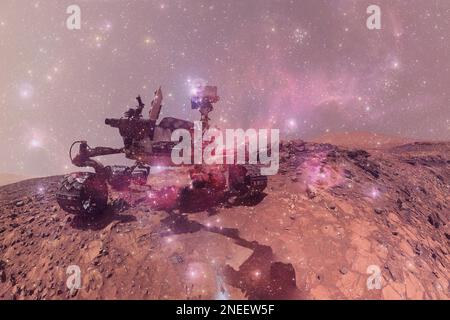 Curiosity rover exploring the surface of Mars. Science fiction wallpaper. Elements of this image furnished by NASA Stock Photo