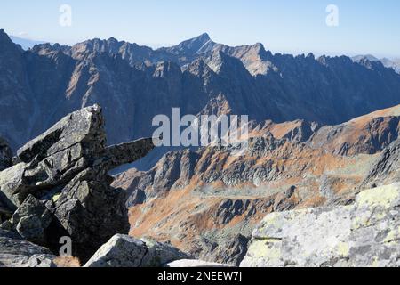 High Tatras - Slovakia - The panorama of with the Satan and Krivan peaks in the background from Rysy peak. Stock Photo